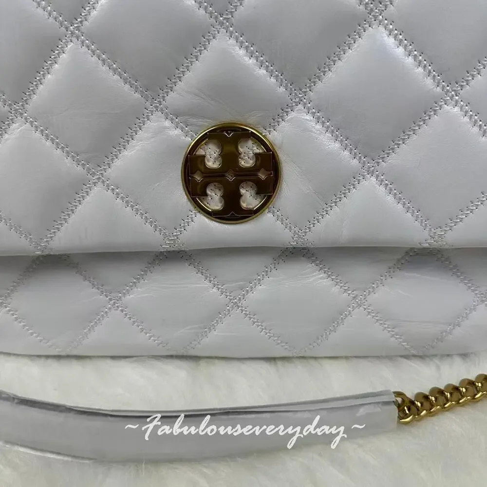 Tory Burch Willa Glazed Quilted Shoulder Bag Leather/White Chain Strap 156132